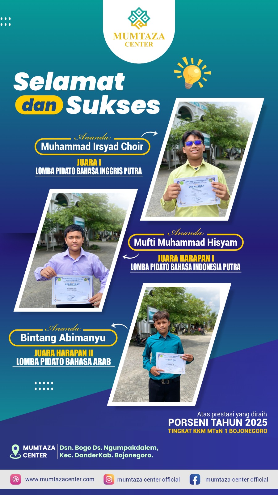 MTs Internasional Mumtaza Bojonegoro Raih Prestasi Gemilang di Ajang PORSENI 2025 Tingkat KKM MTsN 1 Bojonegoro